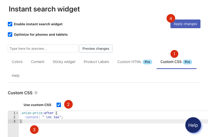 CSS customization of Instant Search Widget