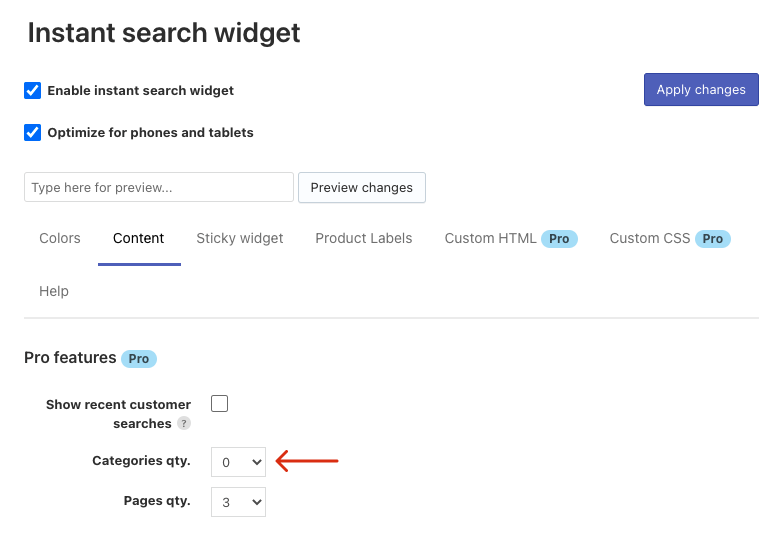 How to hide the categories section from Instant Search Widget