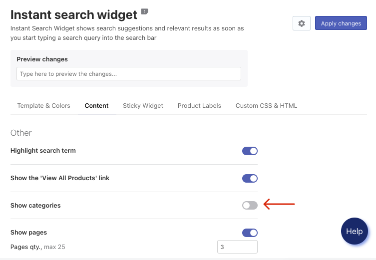 How to hide the categories section from Instant Search Widget