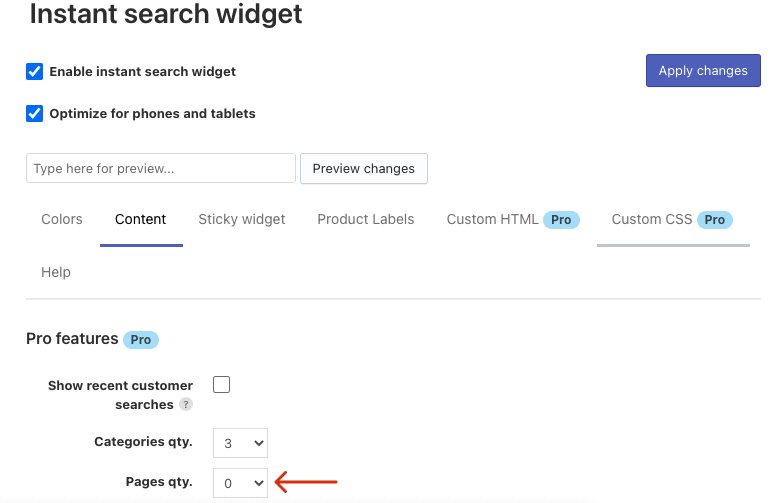 How to hide the pages section from Instant Search Widget