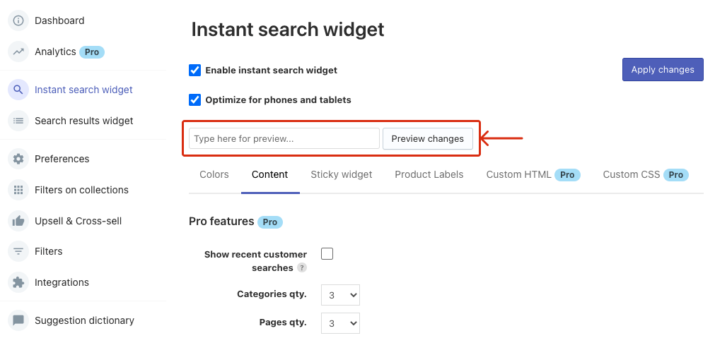 Customization of content in Instant Search Widget