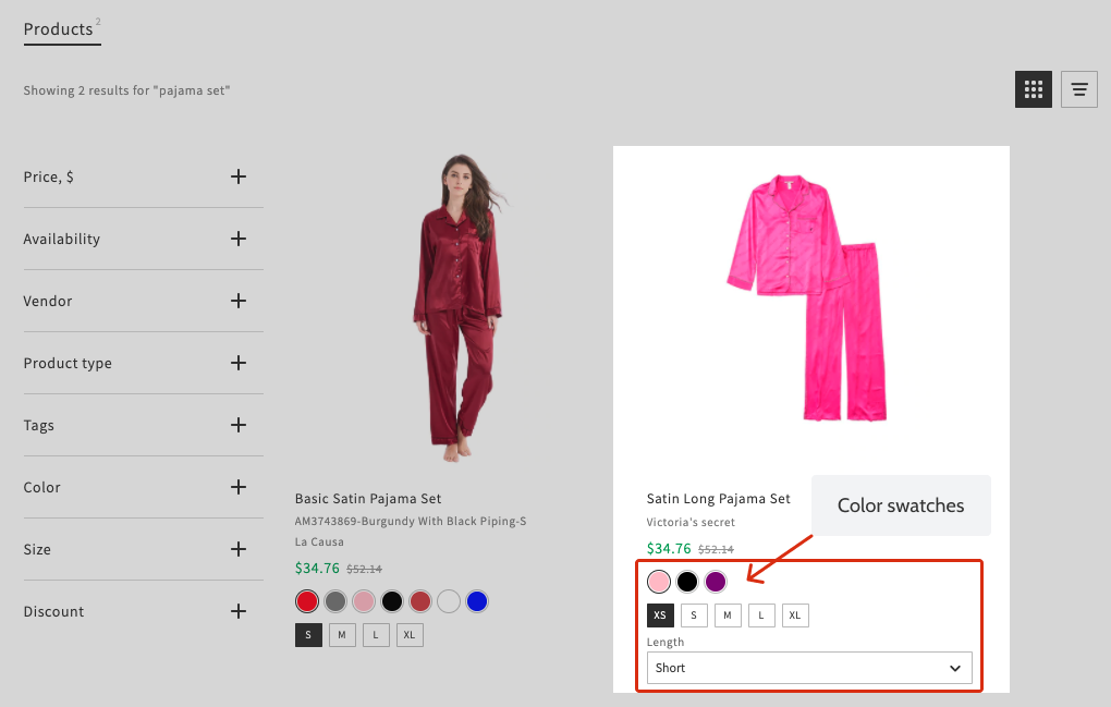 How to show option swatches in Search Results Widget on Shopify