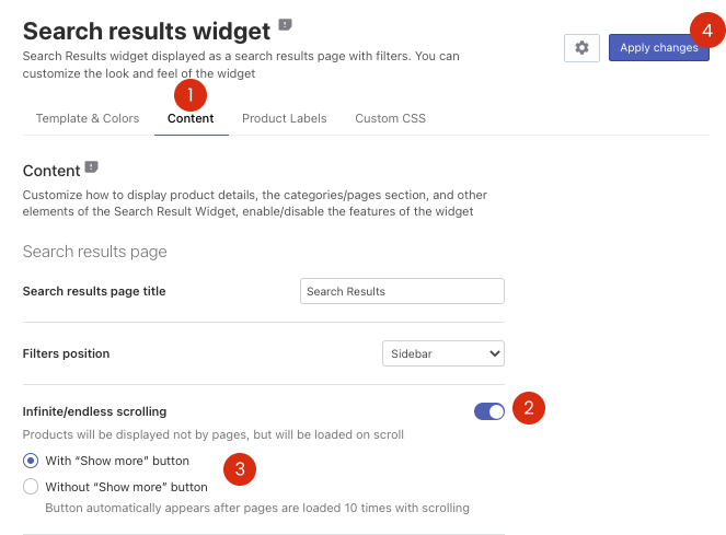 How to switch off traditional pagination in Search Results Widget