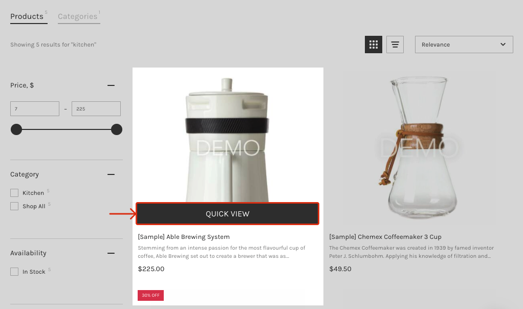 Displaying an action button in Search Results Widget on BigCommerce