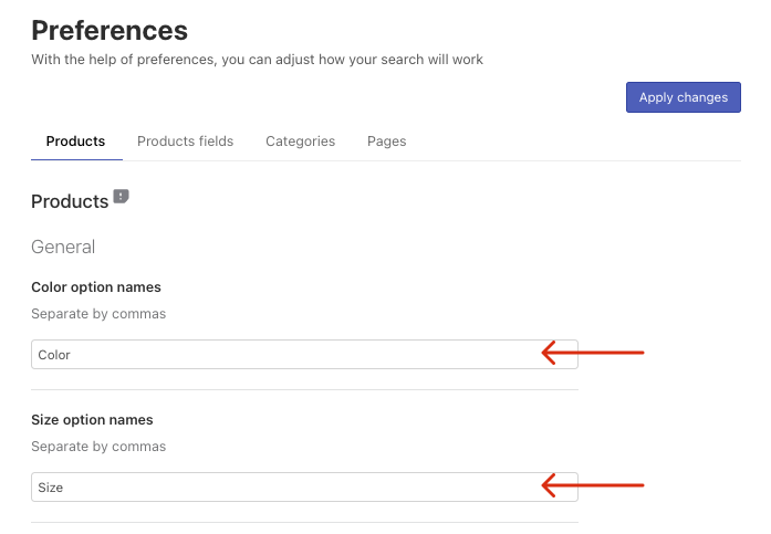 Setting up color and size filters on BigCommerce