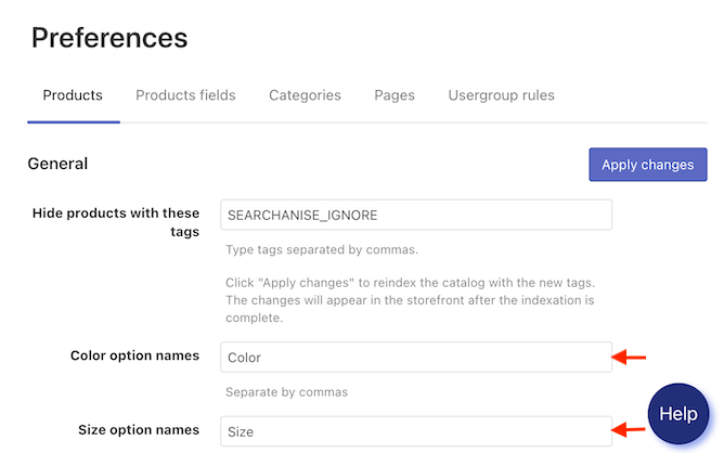 Color and size filters in Searchanise app for Shopify