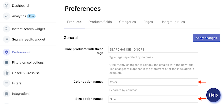 Setting up color and size filters on Shopify