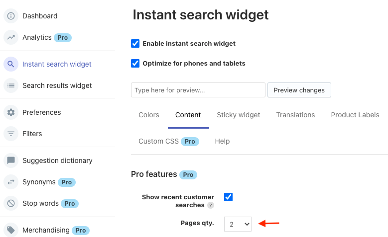 Adjusting pages and suggestions in Instant Search Widget on Wix