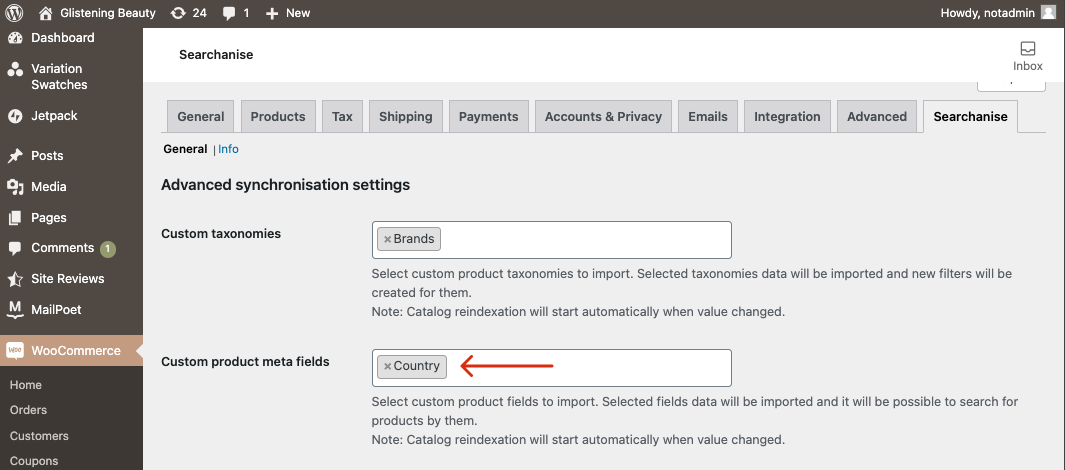Setting up search through custom product fields on WooCommerce
