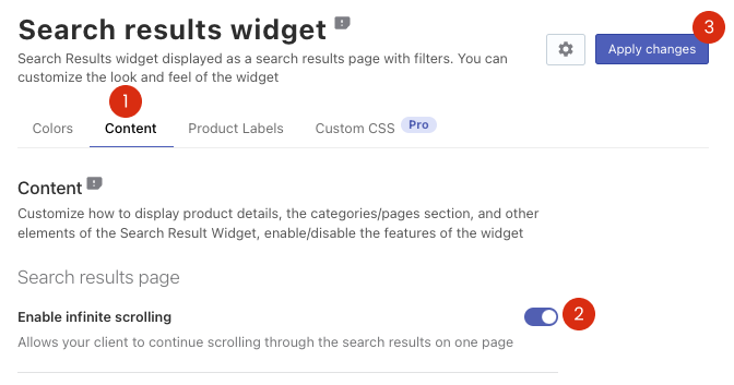 How to switch off traditional pagination in Search Results Widget on Wix